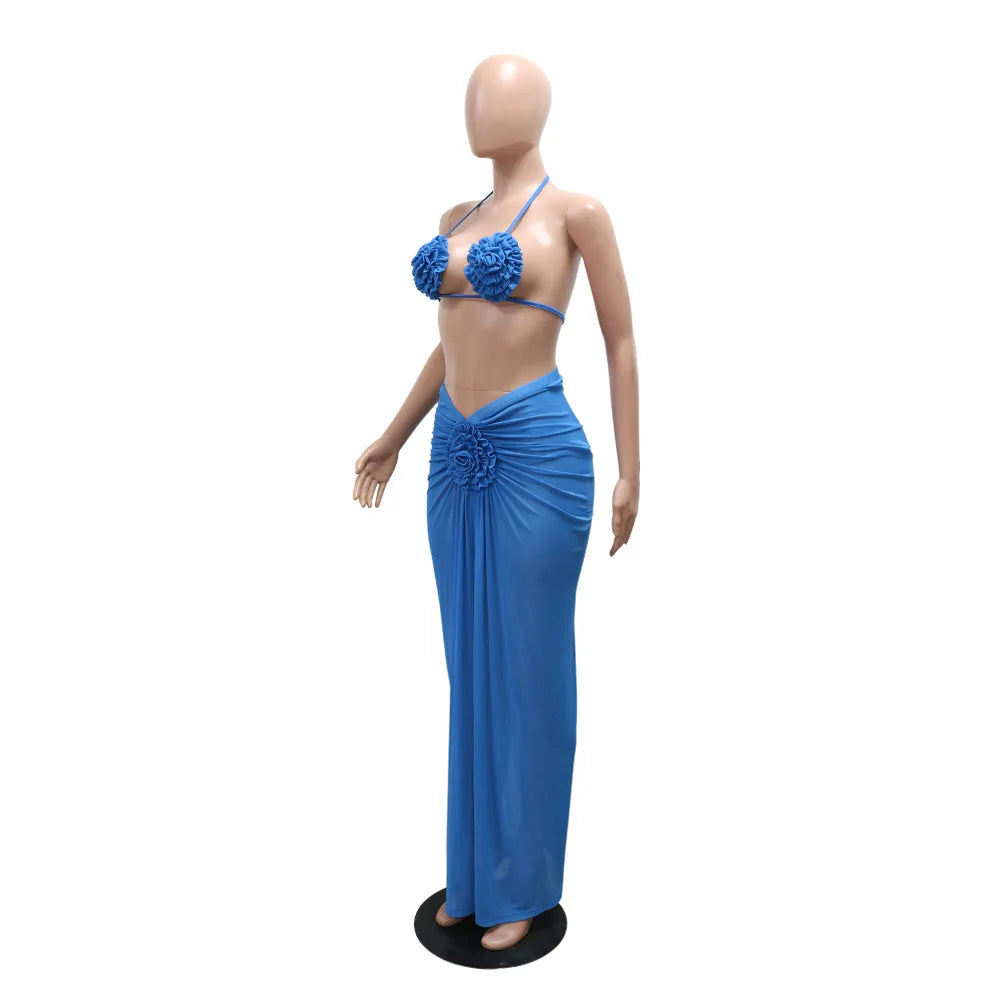 Weird Puss Beach Style Sexy 3 Piece Set Women Lace-Up Halter Pleats Flower Bra+Briefs+See Through Skirts Fashion Bikini Suit