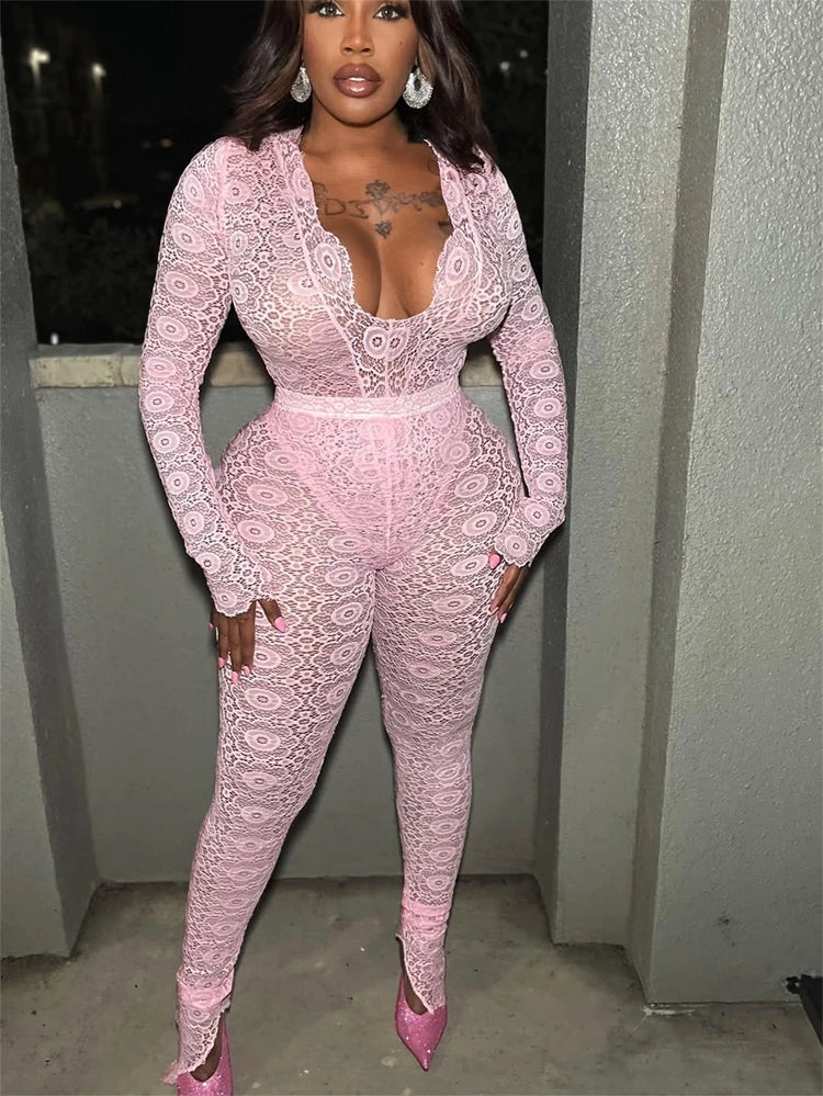 STYLISH LADY See Through Lace 2 Piece Set Women Long Sleeve Bodysuits and Skinny Pant Suits 2025 Summer Sexy Hollow Out Outfits