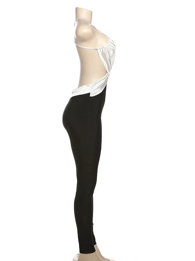 Weird Puss Sexy Backless Jumpsuit Women Sleeveless Cross Ruched Wrap Straps Midnight Coquette Workout Activity Fitness Overalls