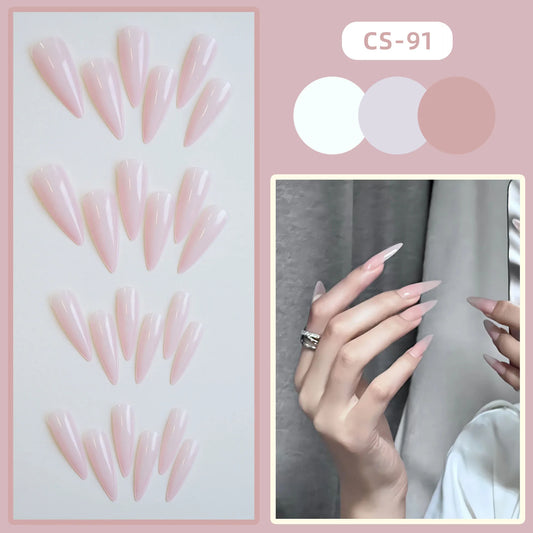 24pcs Long Pointed False Nails Solid Color Ins Simple Fake Nails Full Cover Wearable Artificial False Nail Patches Free Shipping