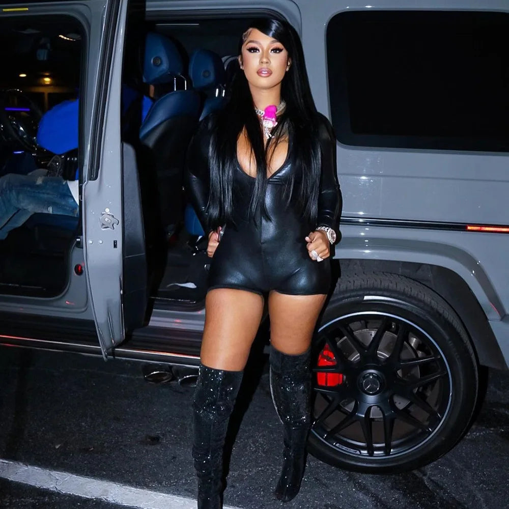 HLJ&GG Black Sexy Leather Zipper Bodycon One Piece Rompers Women Long Sleeve Slim Bodysuits Fashion Nightclub Party Playsuits