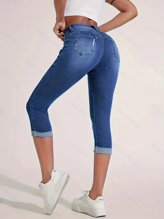 Ladies Jeans Plus-size tight capri pants High Waisted Rolled Hem Double Button Fly Trendy Casual Summer Essential