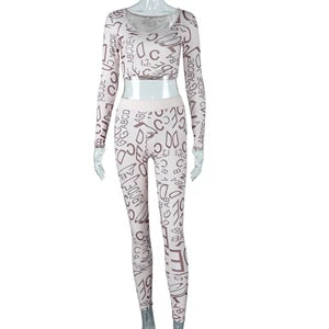 STYLISH LADY Letter Printed Sporty 2 Piece Set Women Long Sleeve Crop Top and Skinny Pant Suits 2025 Summer Sexy Street Outfits
