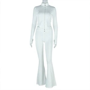 STYLISH LADY Solid Color Sporty 2 Piece Set Women Long Sleeve Crop Top and Flare Pant Suits 2025 Summer Casual Fitness Tracksuit