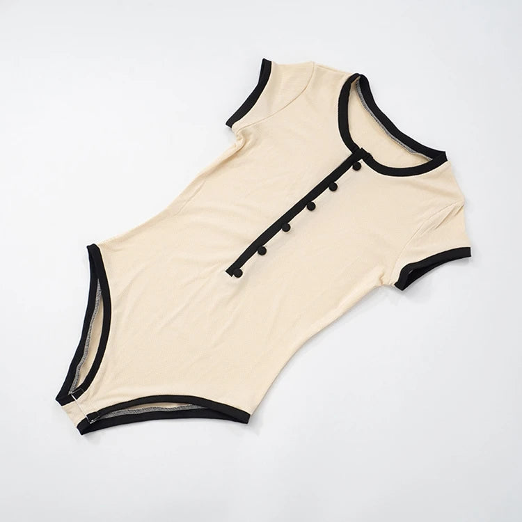 STYLISH LADY Ribbed Button Bodysuits 2025 Summer Women Short Sleeve O Neck Black Nude Sexy Club Street Bodycon Rompers