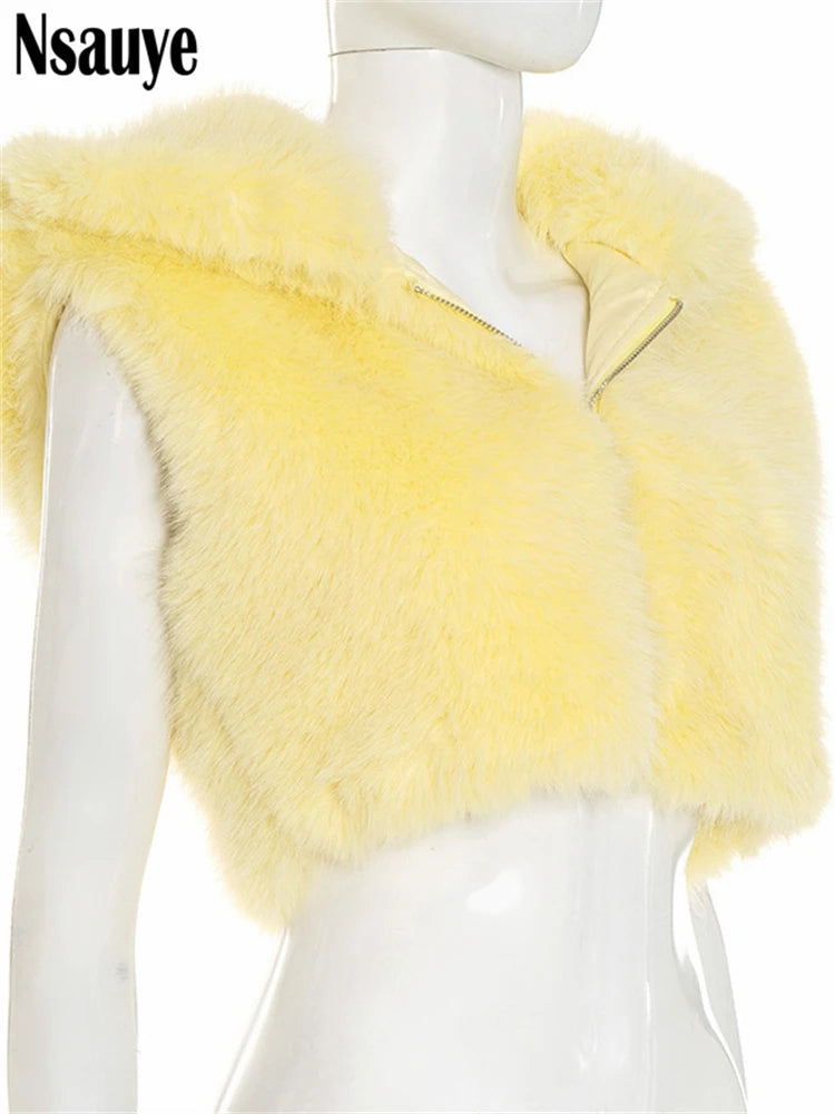 Nsauye Fashion Faux Fur Women Sleeveless Hooded Jackets 2025 Autumn Winter Warm Cardigan Tops Streetwear Slim Outerwear Coat