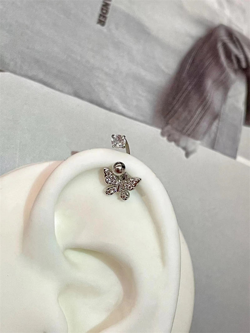 U-shaped Rhinestone 316L Stainless Steel Ring Ear Bone Nail for Women Love Hreat Butterfly Earrings Y2K Hottie Jewelry