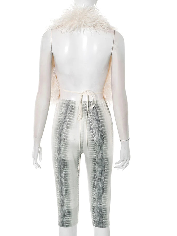 Kricesseen Gorgeous Backless Furry Crop Top And Leopard Print Biker Shorts Set Sexy Active Set Festival Outfits Clubwear