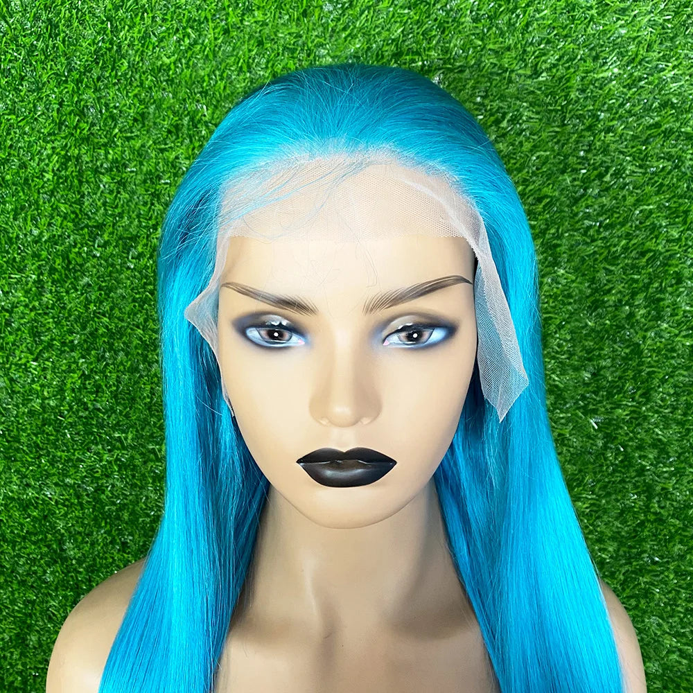 250 Density Blue Colored Straight Lace Front Real Human Hair Wigs Brazilian 13x4 13x6 Transparent Lace Frontal Wigs For Women