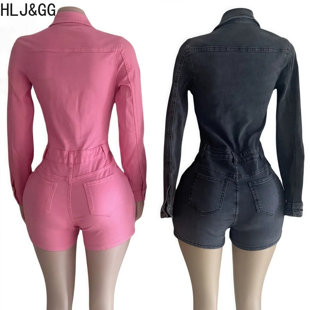 HLJ&GG Fashion Bodycon jeans Romper ladies Solid Color Long Sleeves One Piece Jumpsuit, Streetwear Overalls 2025 Summer New