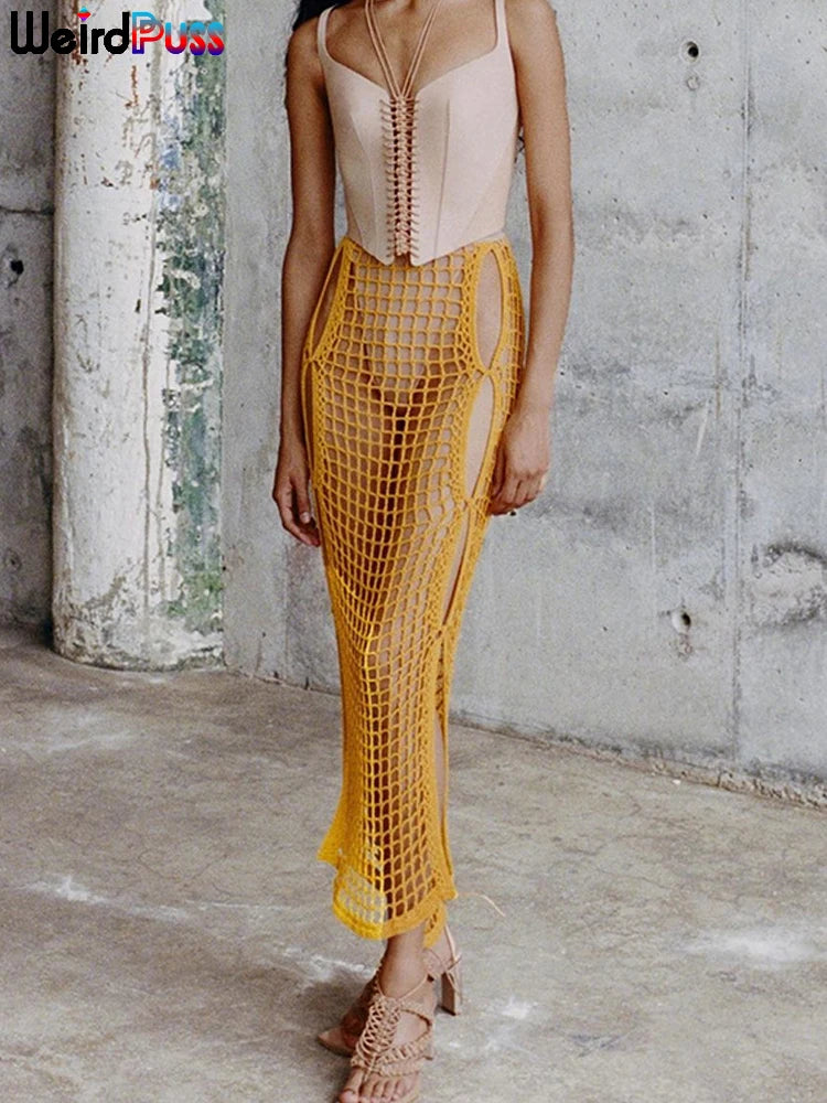 Weird Puss Summer Knit Sexy Long Skirt Women Crochet Elastic See-Through Hollow Out Grid Party Wild Streetwear Solid Bottoms