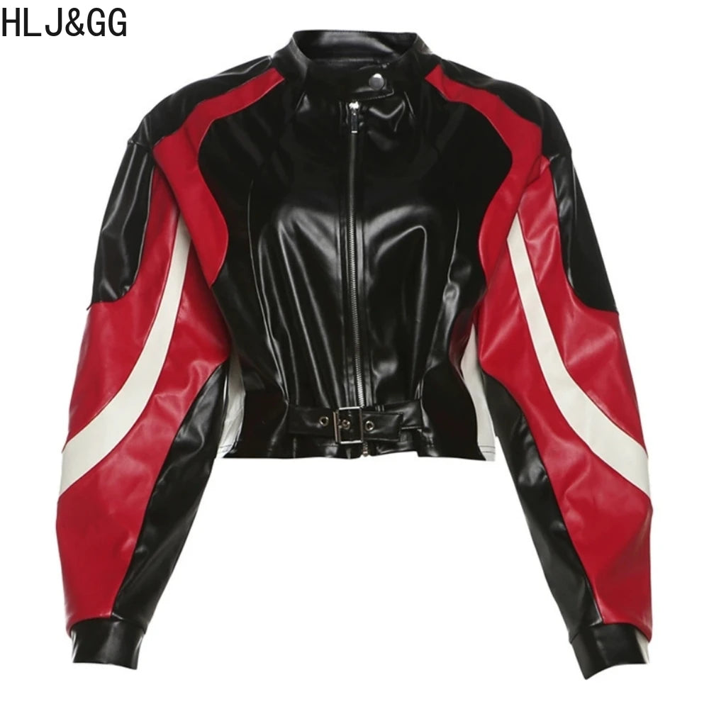 HLJ&GG Fashion Y2K Leather Jacket 3 Piece Sets Women Letter Print Zipper Long Sleeve Crop Top+Bodysuits+Shorts Outfit Streetwear
