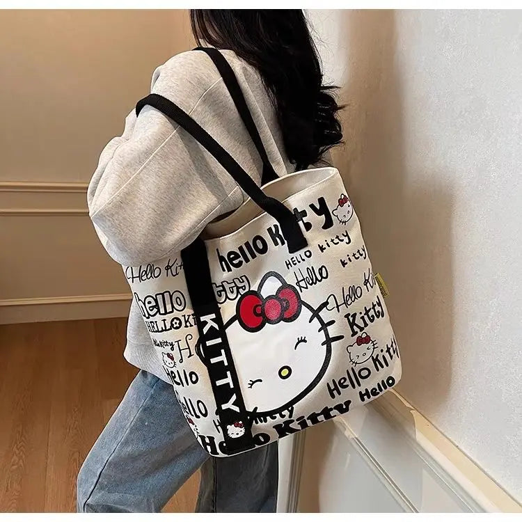 New Model Hello Kitty Cartoon Canvas Bag Cute Commuter Versatile One-Shoulder Tote Bag Large-Capacity Storage Bag