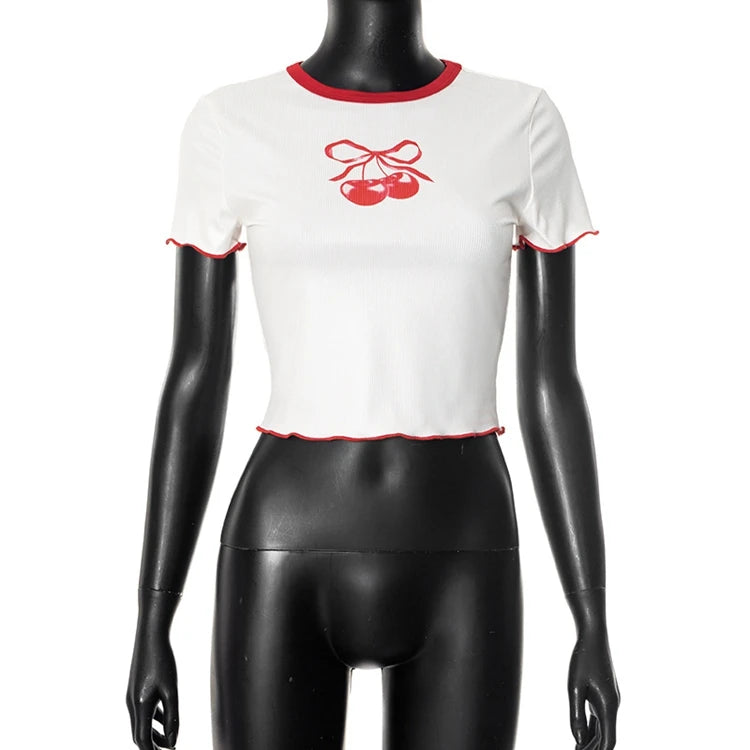 STYLISH LADY Cherry Printed Crop Tops 2025 Summer Women Short Sleeve O Neck Slim Ribbed Contrast Color Casual Street T Shirts