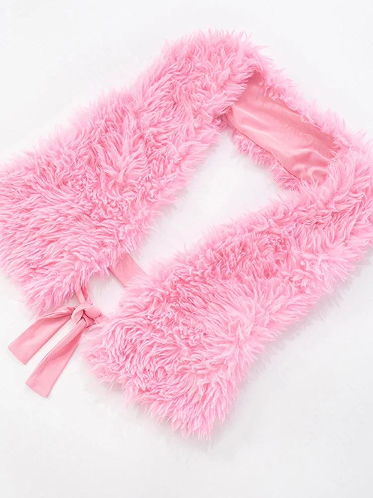 Kricesseen Cute Girls Furry Crop Top And Legging Suits Set Pink Outfits, Tie-Back Biker Shorts Set Night Clubwear Overalls