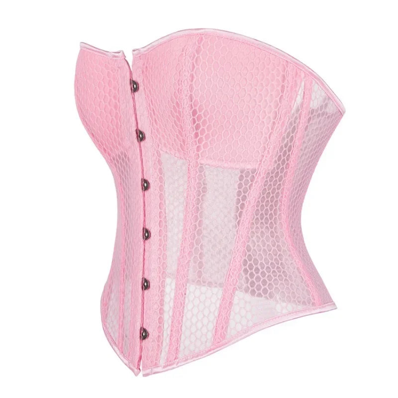 Women Lace Up Sexy Transparent Mesh Boned Corset Overbust Bustier Lingerie Bodyshaper Top Corsets Top