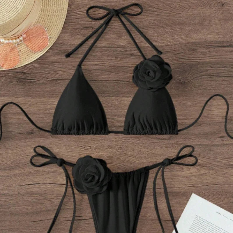 S - L Sexy 3D Flowers Halter Strappy Bikini, Swimwear Swimsuit Two-pieces Bikini Set Bather Bathing Suit Swim