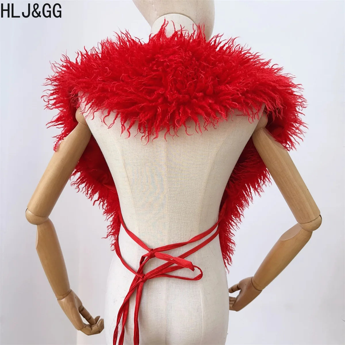 HLJ&GG Trend Y2K Two Piece Sets Women Fur Feather Halter Waistcoat Fashion Backless Lace Up Legs Cover Streetwear Clothing 2025