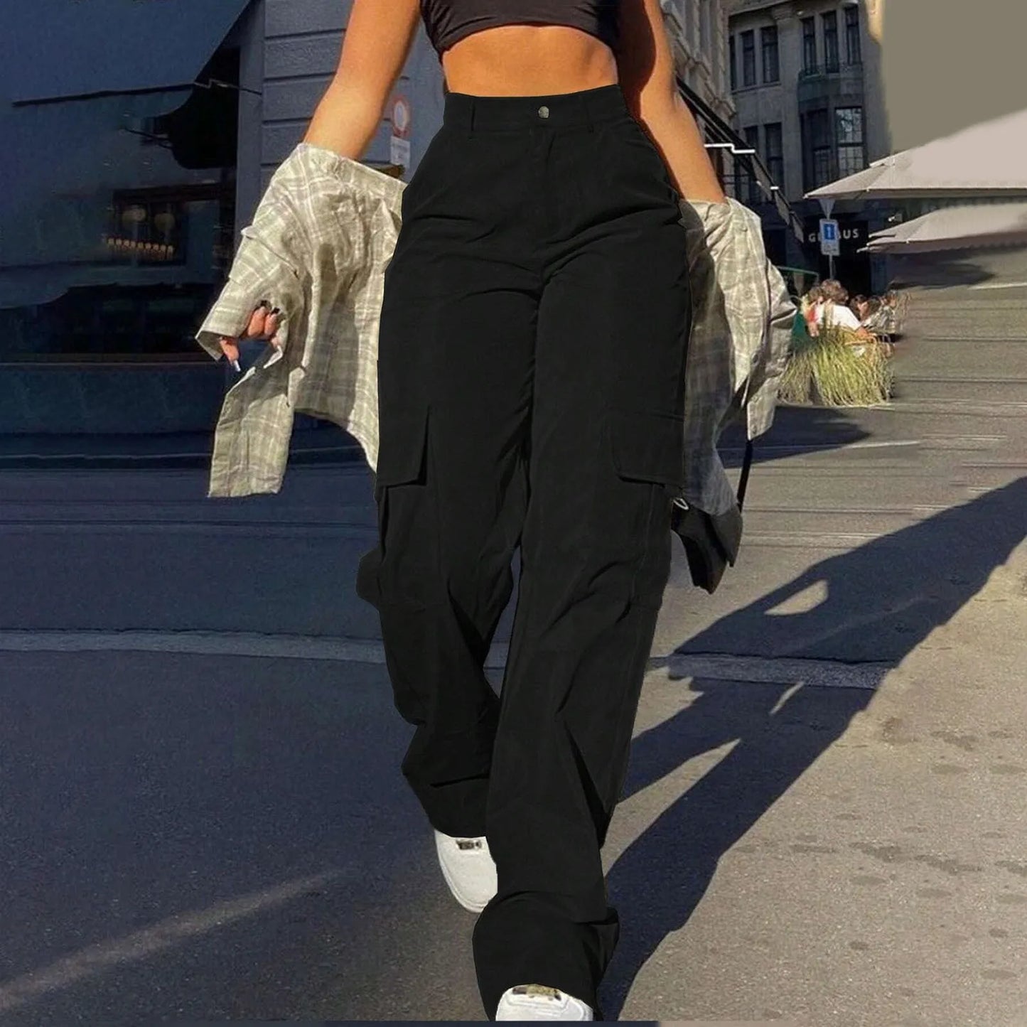 Women Cargo Pants With Pockets Stretch High Waisted Casual Sweatpants Straight Wide Leg Long Pants Sporty Jogger Trouser