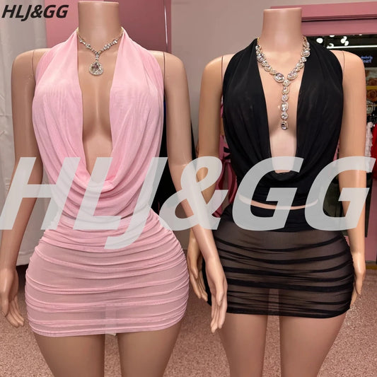 HLJ&GG Sexy Ruched Halter Deep V Mini Skirts Two Piece Sets Women Sleeveless Backless Lace Up Crop Top+Skirts Outfits Streetwear