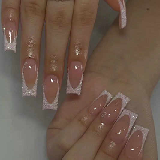 24Pcs Shimmery Long Coffin False Nails with Glue Ballerina Nail Design Sweet Fashion French Press on Acrylic Nails Tips