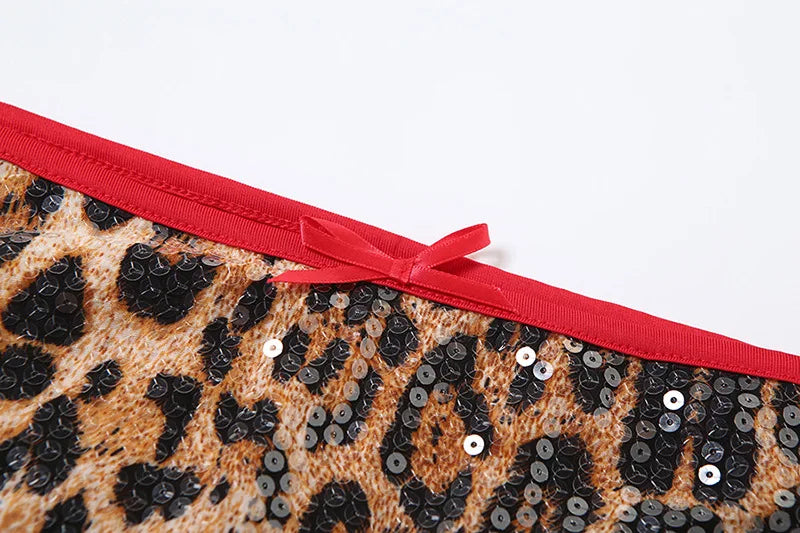 HLJ&GG Fashion Y2K Sequin Leopard Mini Skirts Two Piece Sets Women O Neck Short Sleeve Slim Croptop And Skirts Outfit Streetwear