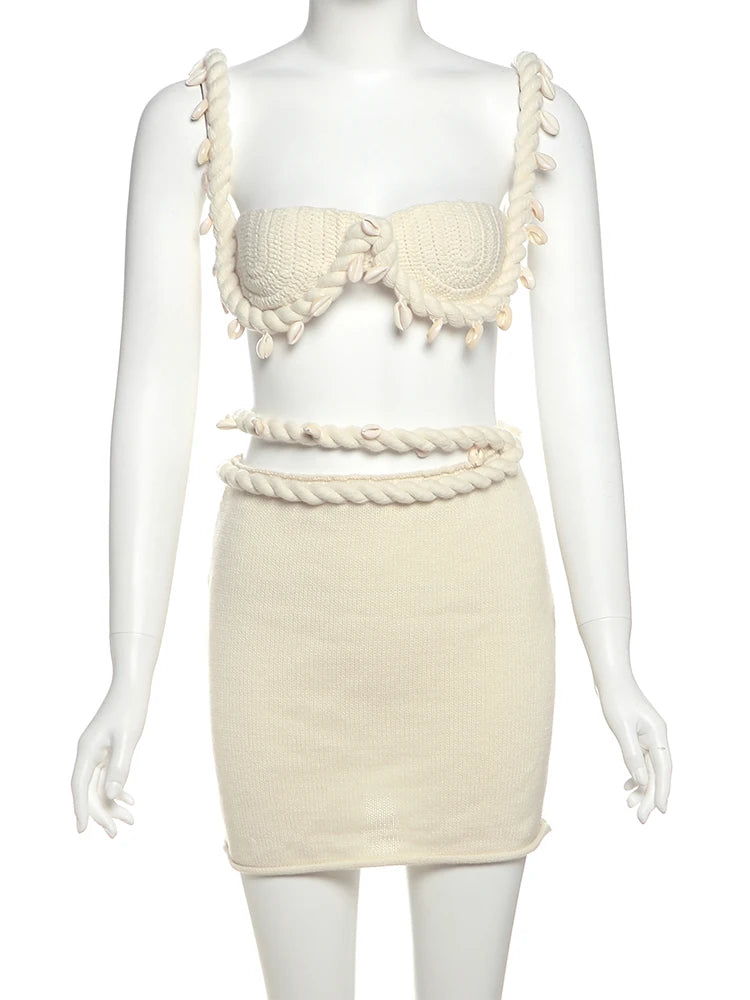 Weird Puss Crochet Applique Patchwork 2 Piece Set Women Sexy Backless Crop Tops+Bandage Hollow Skirts Vacation Beach Party Suits