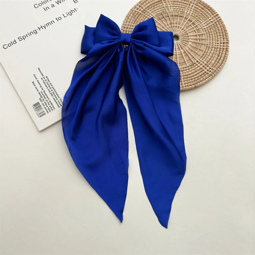 Ladies Satin Large White pink Red Blue Black Ribbon bow Oversized bow Long tail hair clip spring clip ponytail Hair accessorie