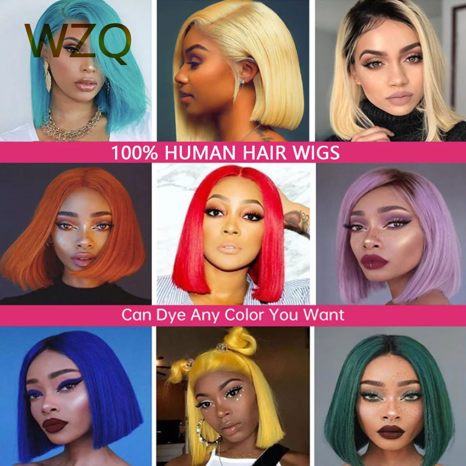 Straight Lace Front Wigs 180% HD Transparent Lace Frontal Wig Brazilian Remy Hair Wig 13x4 Mint Green Short Bob Wigs Human Hair