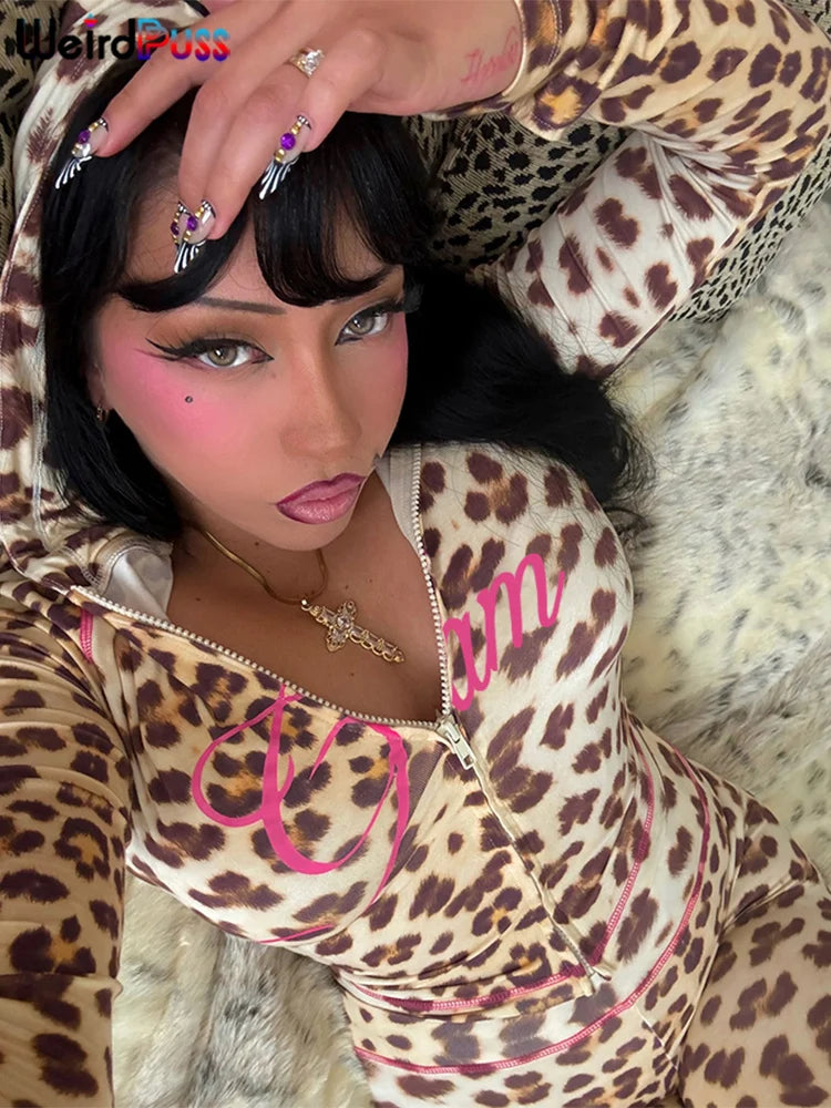 Weird Puss Leopard Contrast Letter Print 2 Piece Set Women Hooded Full Sleeve Crop Jacket+Skinny Stretch Flare Pants Trend Suits