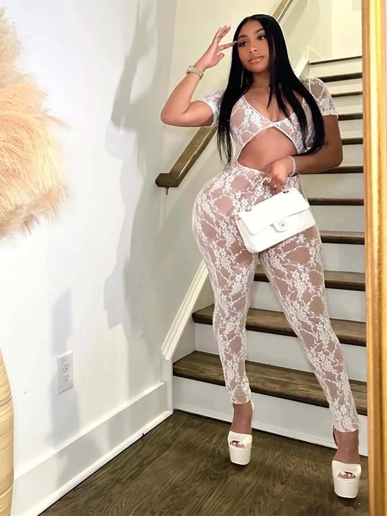 Weird Puss Sexy Backless Fitness Jumpsuit Women Hollow Short Sleeve Jacquard Skinny Activity Midnight See Through Long Overalls