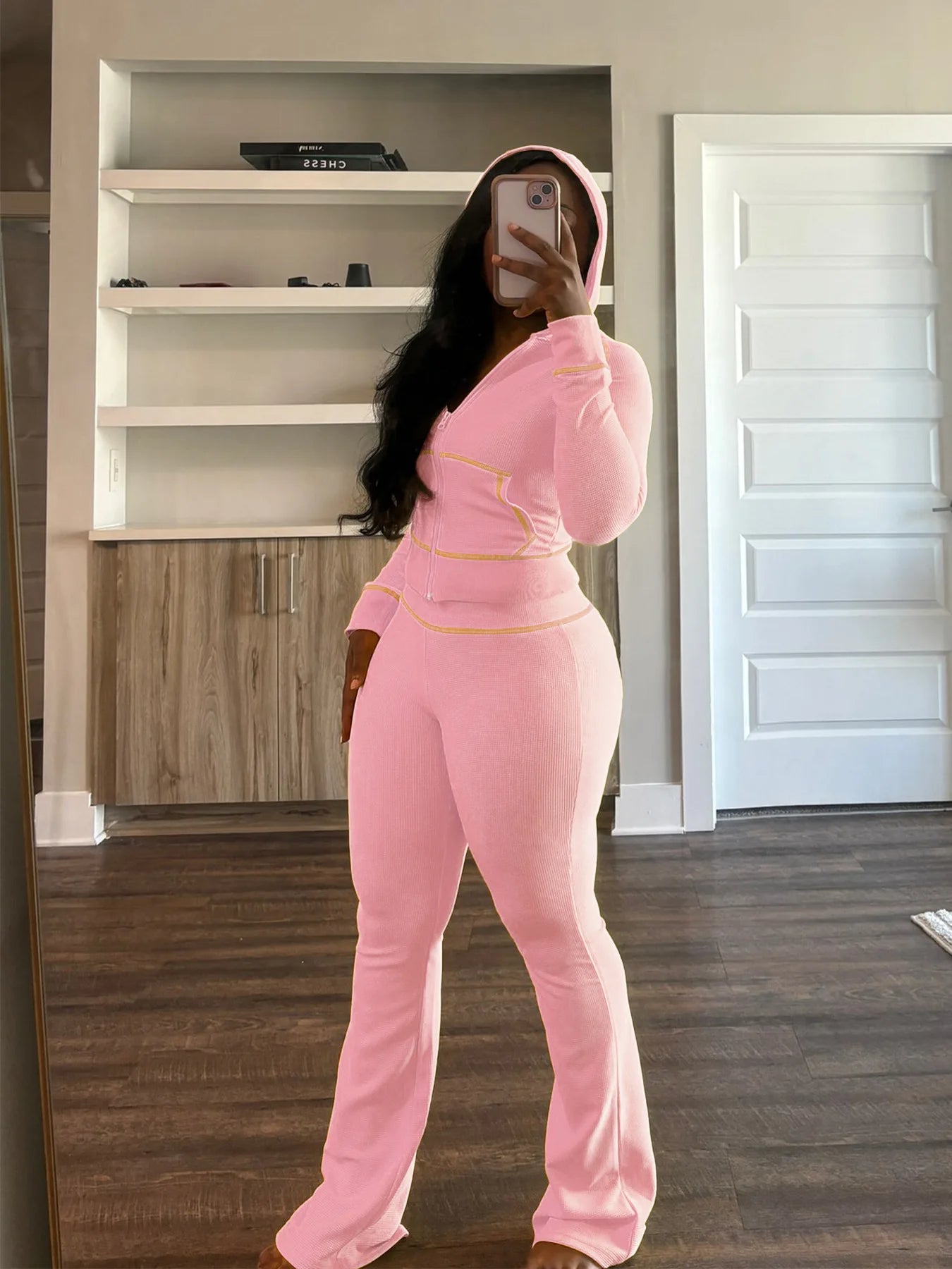 HLJ&GG Spring New Waffle Flare Pants Two Piece Sets Women Zip Hooded Long Sleeve Top + Pants Outfits Casual Sporty 2pcs Clothing