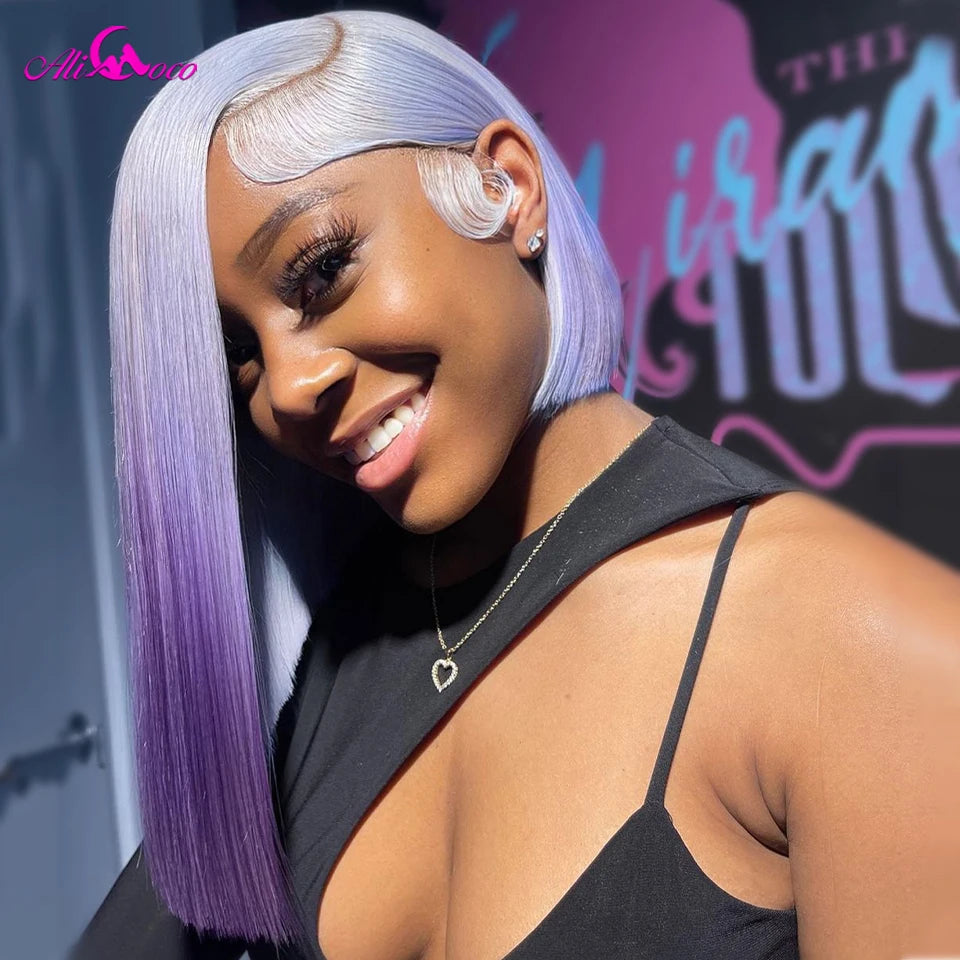#T Grey Blue Purple Pink Colored Wigs Short Bob Wig 13x4 Lace Frontal Human Hair Wigs For Women Bob Brazilian Frontal Wigs