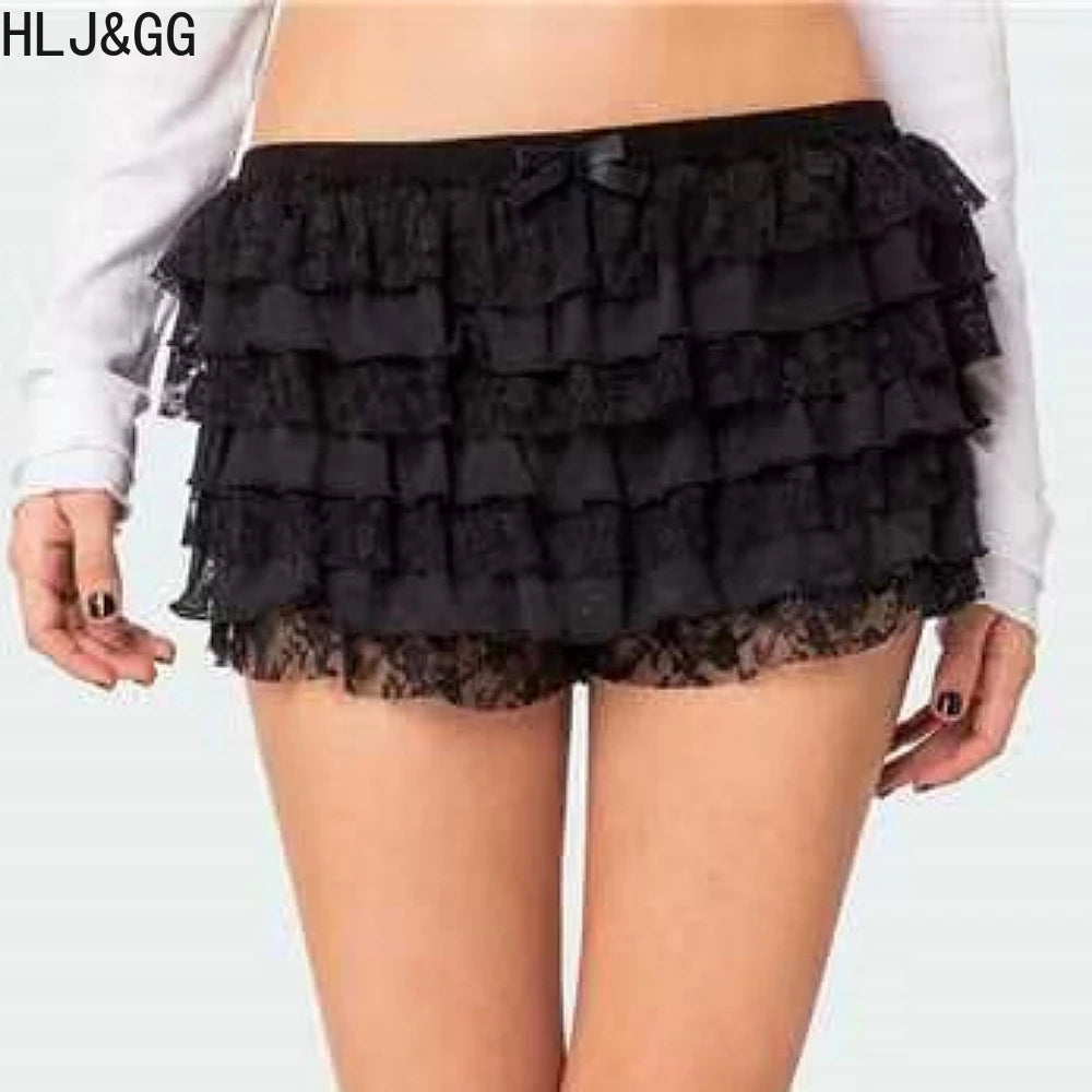 HLJ&GG Sexy Lace Splicing See Though Hollow Two Piece Sets Women Sleeveless Slim Crop Top+Ruffle Mini Skirts Outfits Streetwear