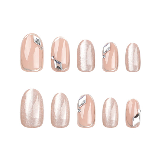 24pcs Beige Crystal Fake Nail Patch Cat Eye Aurora False Nails Fashion Cateye Short Press on Nail Tips Wearable Full Cover