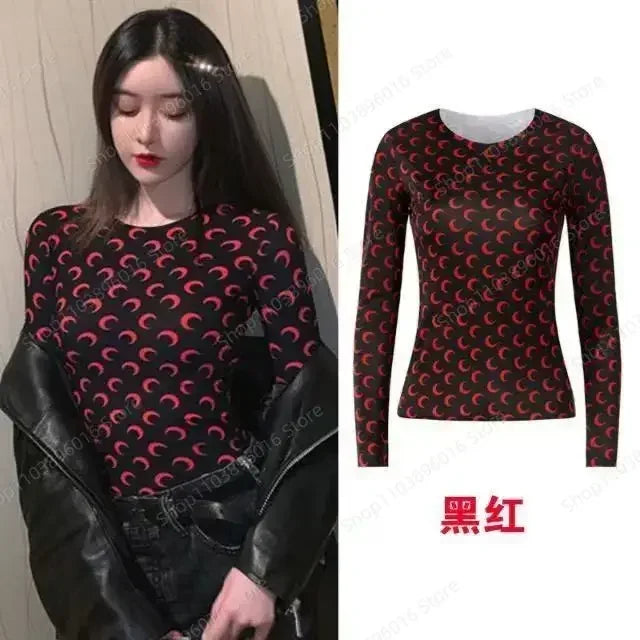 Moon Printed Tshirt Graphic Top for Women Stretchy Slim Korean Fall Spring Long Sleeve Tees Y2k Grunge T-Shirt 2000s Clothes