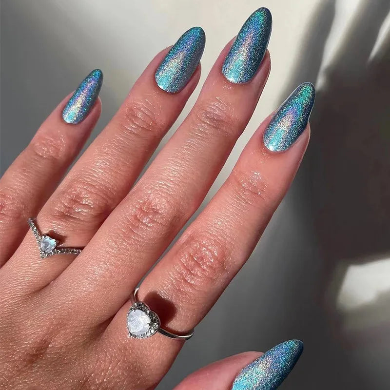 24pcs Aurora Stiletto False Nail Tips Glitter Gradient Color Fake Nails Wearable Full Cover Pointed Head Acrylic Nail Tips