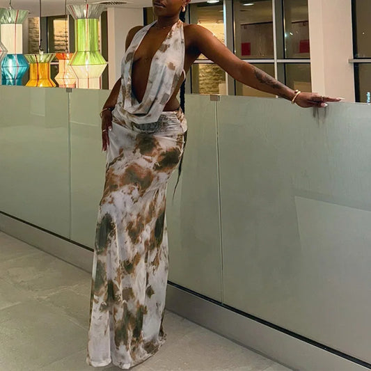 STYLISH LADY Tie Dye Printed2 Piece Set Women Sleeveless Backless Crop Top and Maxi Skirt Suits 2025 Summer Beach Holiday Outfit