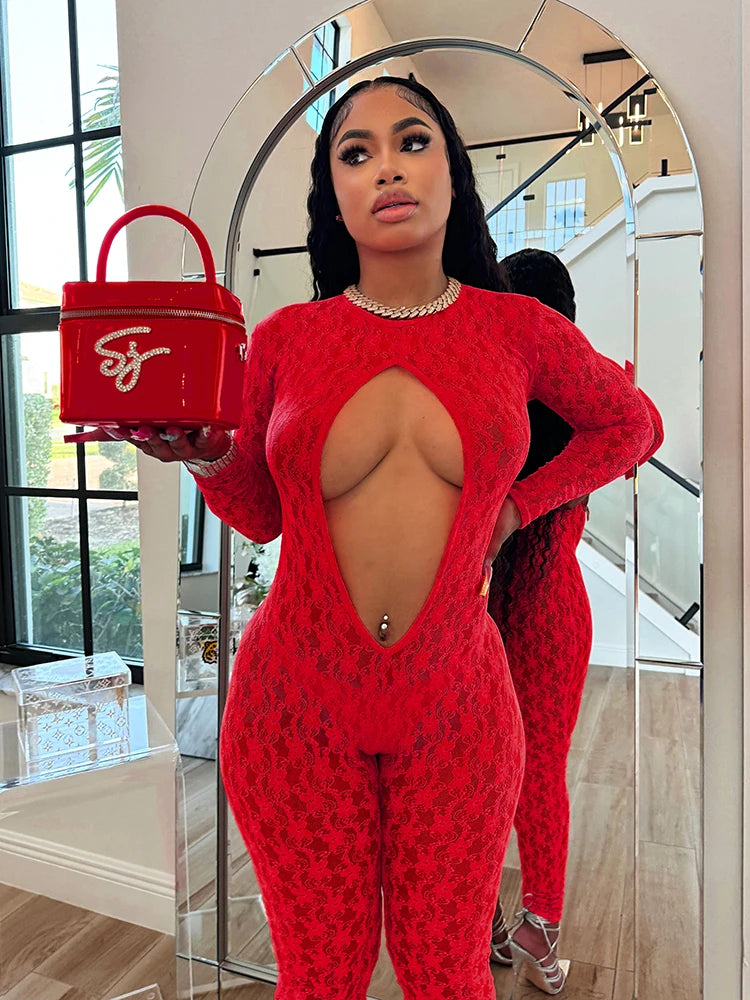 Weird Puss Coquette Women Jumpsuit Jacquard Midnight Sexy Hollow Backless Full Sleeve Overalls Club Workout Activity Clubwear