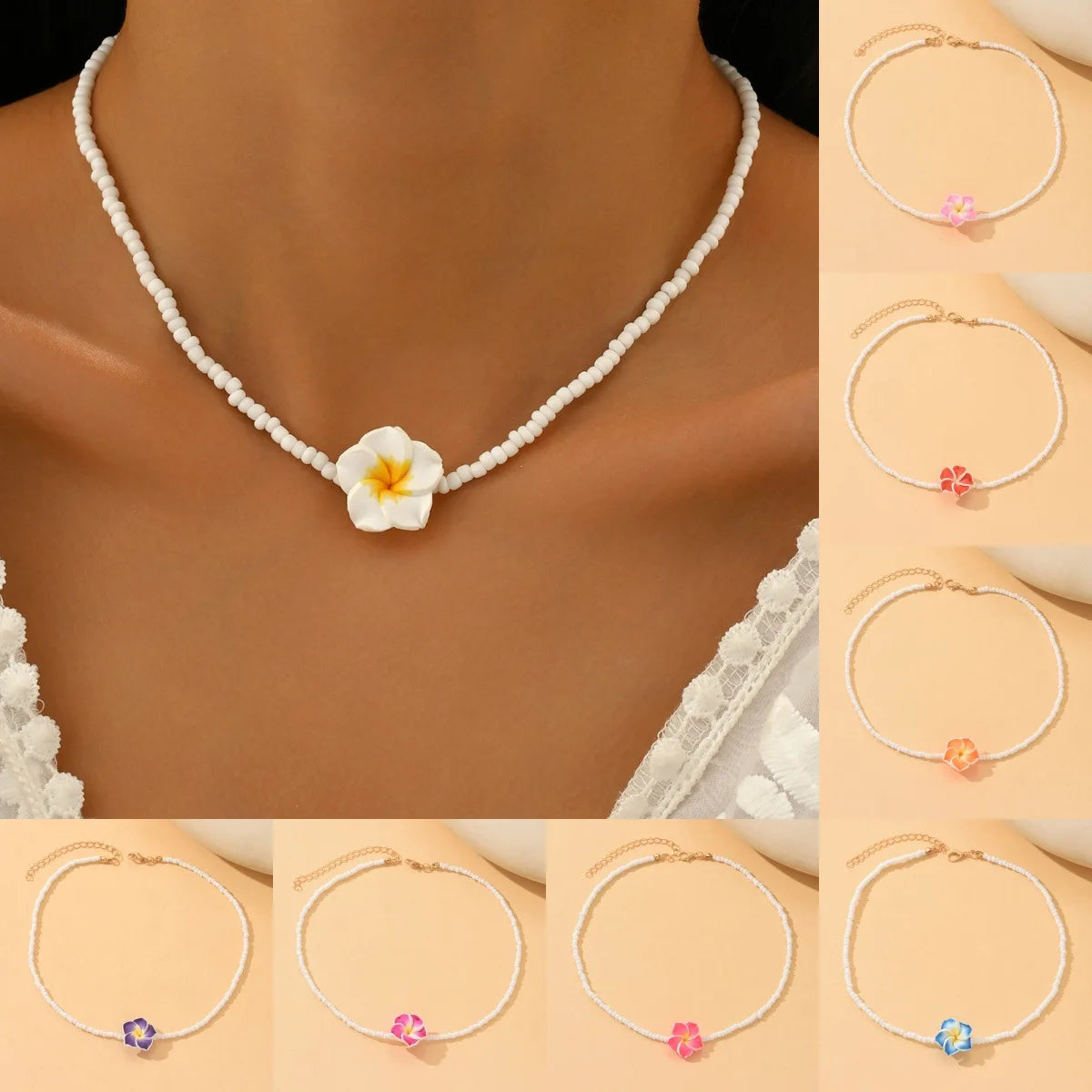 Boho Y2K Polymer Clay Flower Charm Necklace For Women Handmade Beaded Choker Necklace Girls Summer Jewelry Vacation Accessories