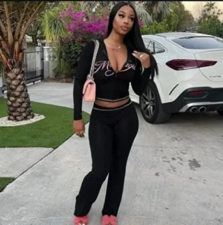 HLJ&GG Y2K Leopard Letter Hooded Two Piece Sets Women Zipper Long Sleeve Slim Crop Top And Pants Outfits Fashion 2pcs Streetwear