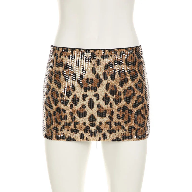 HLJ&GG Fashion Y2K Sequin Leopard Shorts Two Piece Sets Women Round Neck Short Sleeve Slim Crop Top And Shorts Outfit Streetwear