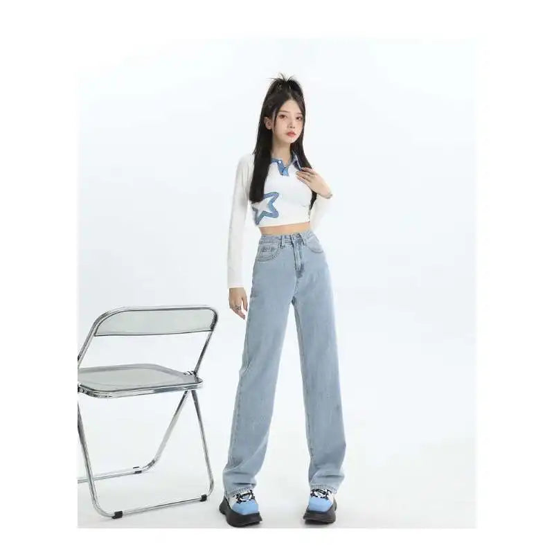 Ladies Vintage Wide Leg Jeans Girls High Waist Pants Female Fashion Black Black Grey Retro Blue Light Blue Pink Trousers