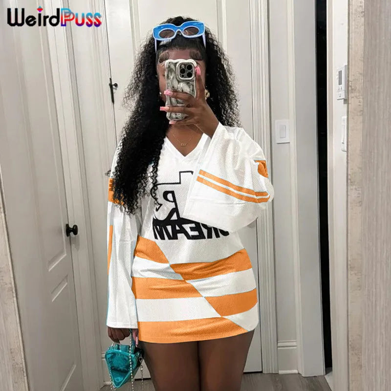 Weird Puss Casual Hipster Women T-Shirt Contrast Letter Print Long Sleeve V-Neck Wild Streetwear Loose Summer Comfortable Tees