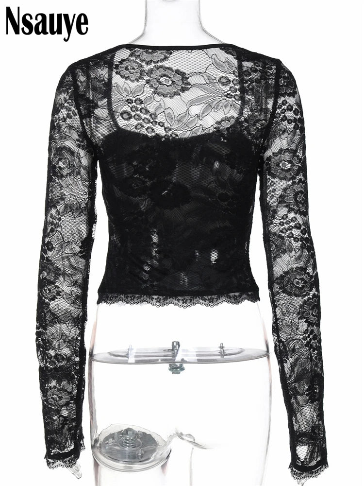 Nsauye Women Fashion Long Sleeve Lace Skinny T Shirt Sexy Club Y2K Clothes Patchwork Crop Tops Basic Tees Streetwear