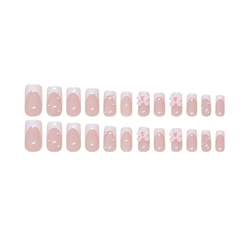 24pcs White French Ballet Fake Nails with Pink Bow Design Sweet Girl False Nails Wearable Ins Simple Pearl Decor Press on Nails