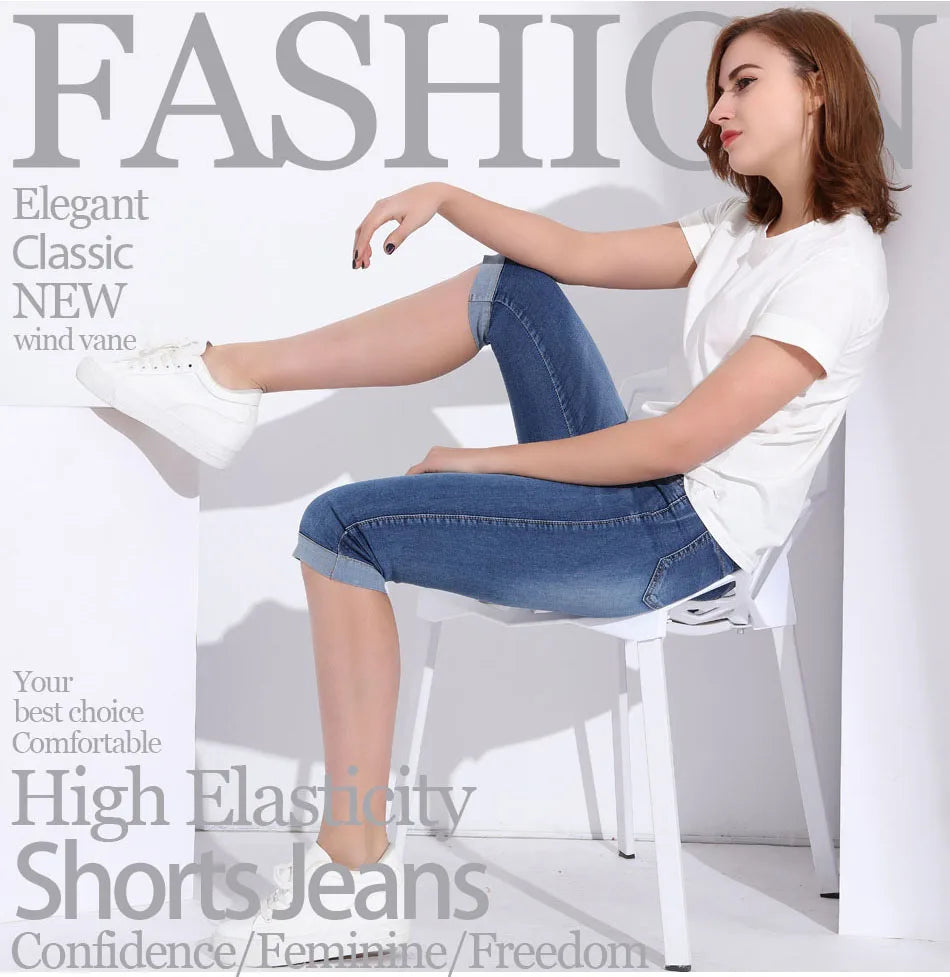 Ladies Jeans Pants Ladies Cropped Trousers Skinny Knee Length Jeans female Elastic High Waist Mom Jeans Oversize