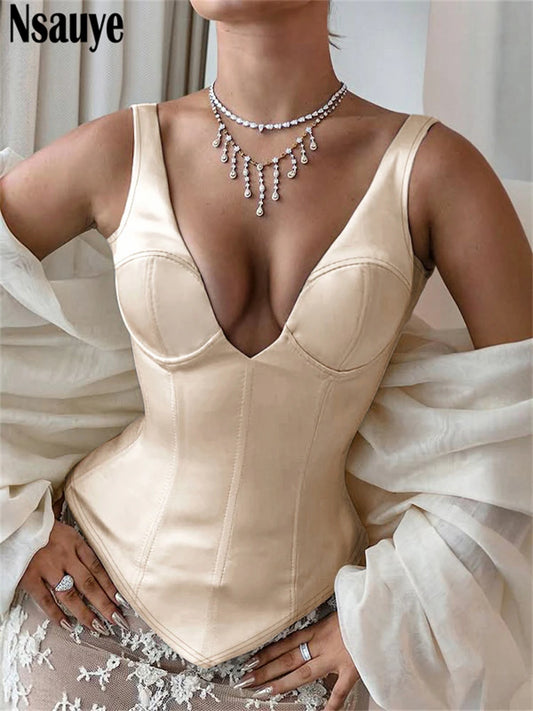 Nsauye Women Mini Skinny Y2K Sexy Club Underwear Corset Crop Tops Summer Fashion Elegant Satin V Neck Chic Vest Tank Tops 2025