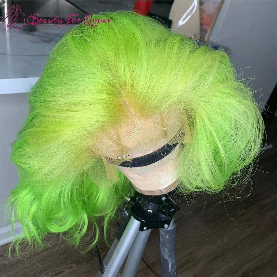 13x4 HD Lace Front Wig Human Hair Fluorescent Green Human Hair Lace Frontal Wig For Women Pre Plucked Short Bob Lace Wigs