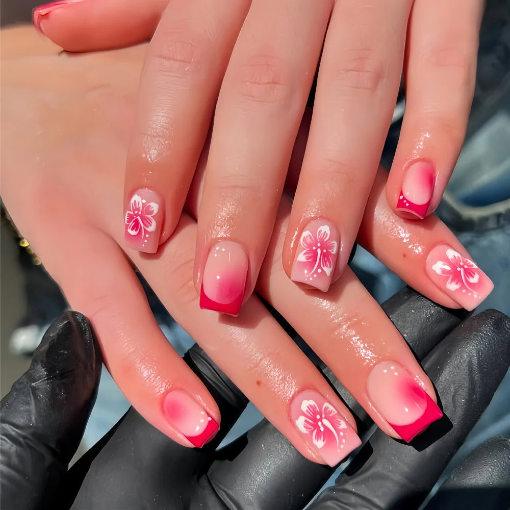 24Pcs Fairy White Flower Fake Nails Pink French Tip Press on Nails Short Square Wearable False Nail for Girls DIY